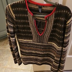 Lucky Brand Black and Tan Knit Sweater with Red Trim